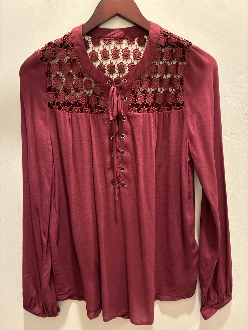 Charlotte Russe Lace Yoke Long-Sleeve Top - Burgundy Rose #peasant